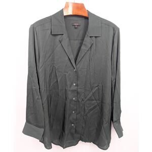 Quince Stretch Silk Blouse Dark Green Size 3X Button Front Long Sleeve 90% Silk